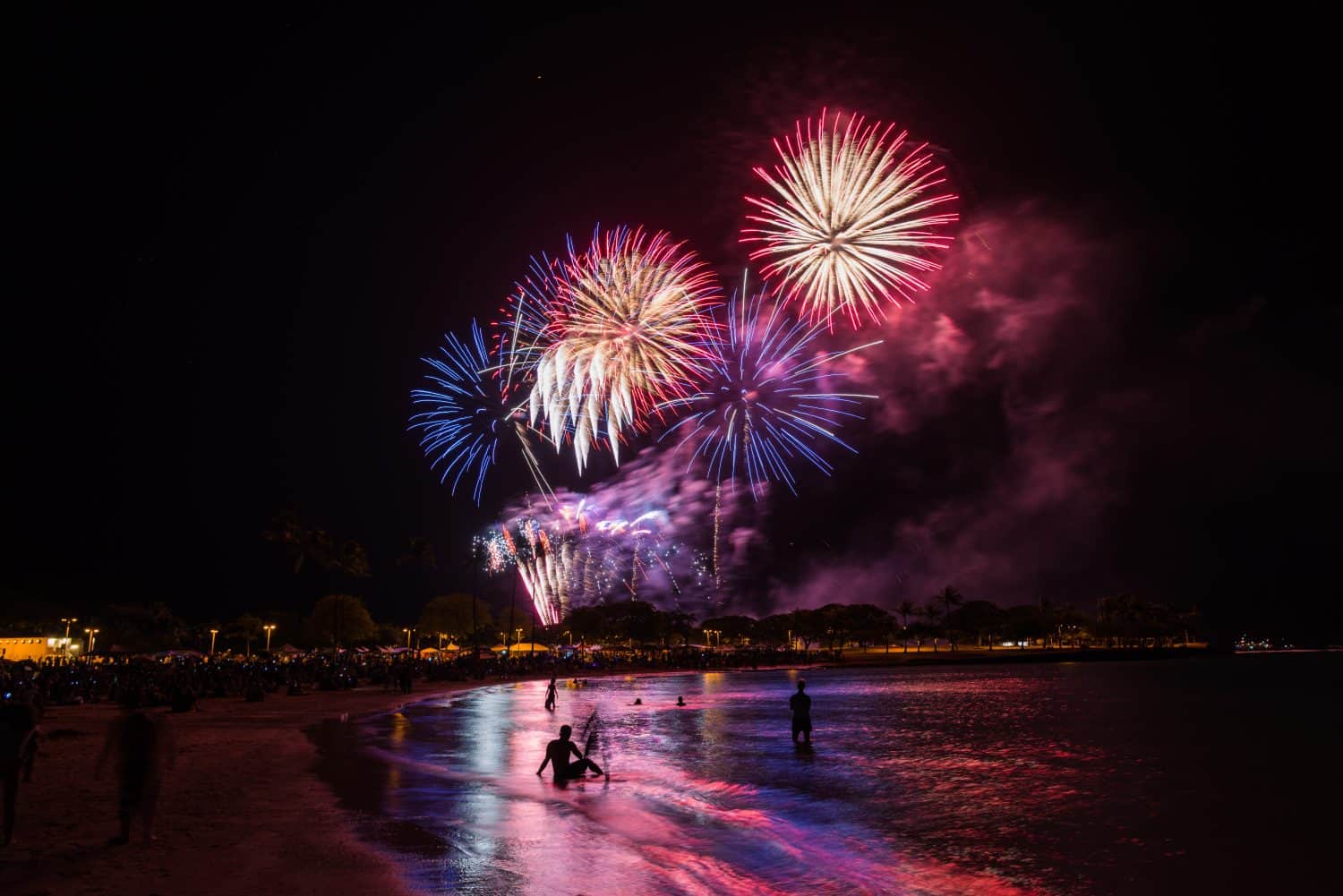 Fireworks light up the night sky over Honolulu during Hawaii's largest fireworks display on the fourth of July at Magic Island Park on the island of Oahu.