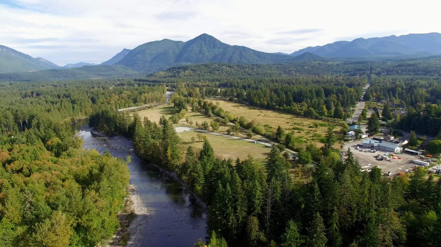 Aerial North Bend, Washington Preacher Mountain and Snoqualmie River View