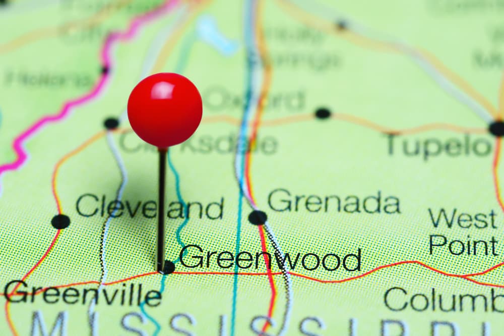 Greenwood pinned on a map of Mississippi, USA