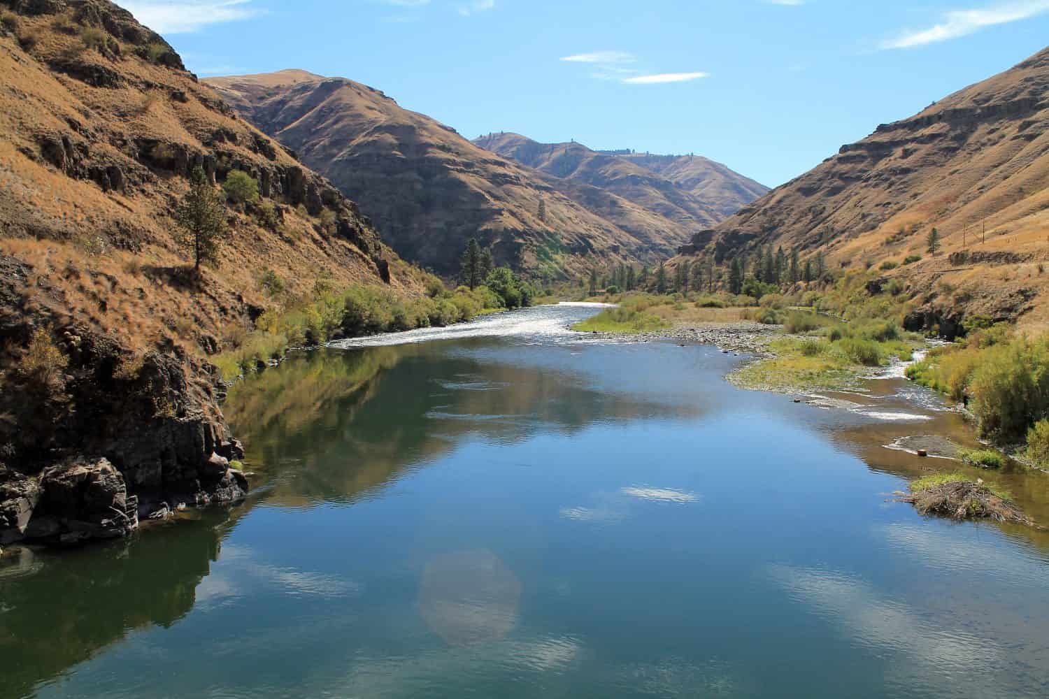 Grande Ronde River Meandering Through Rocky Hillsides and Cottonwood Trees, eastern Oregon, USA