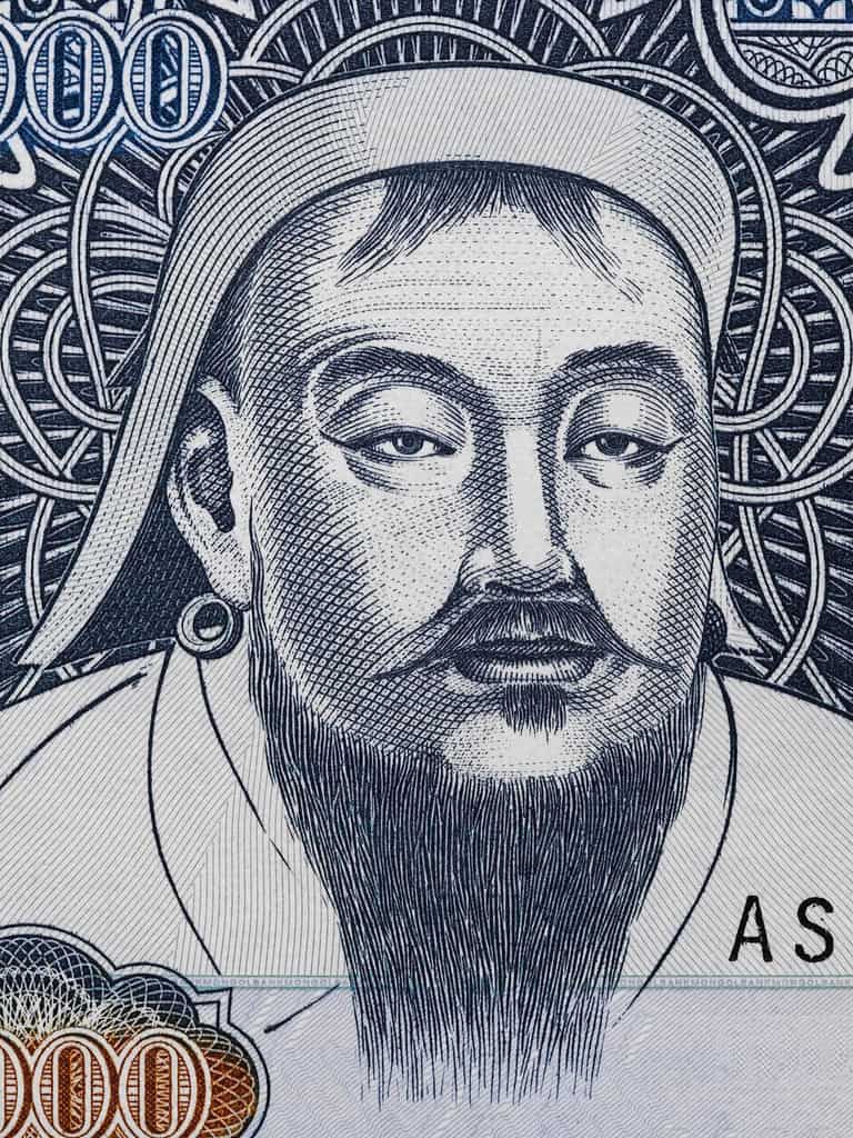 Genghis Khan portrait on Mongolia 1000 Tugrik banknote closeup macro. Founder and Great Khan (Emperor) of the Mongol Empire