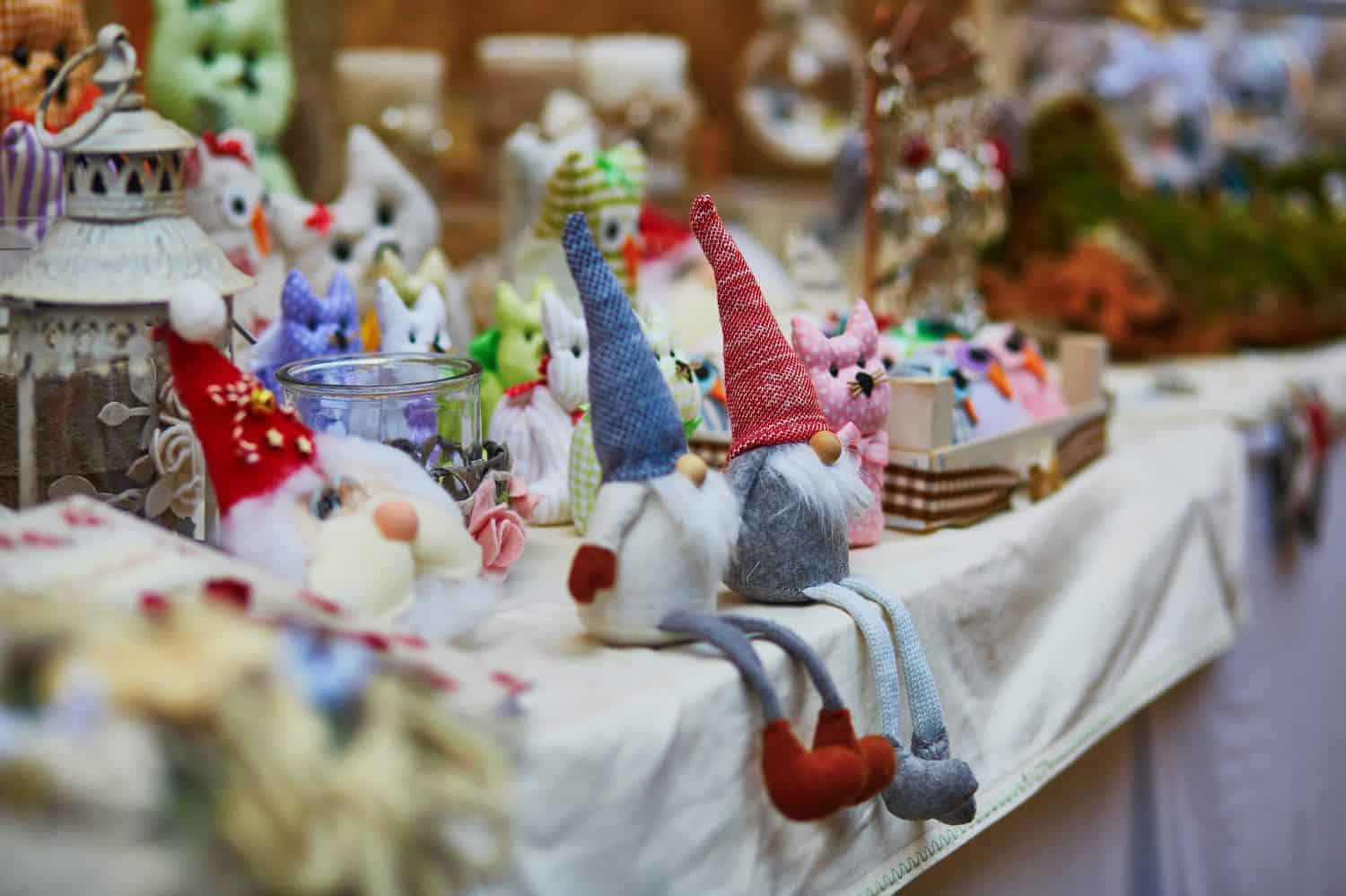 Funny handmade gnomes on market in Italy