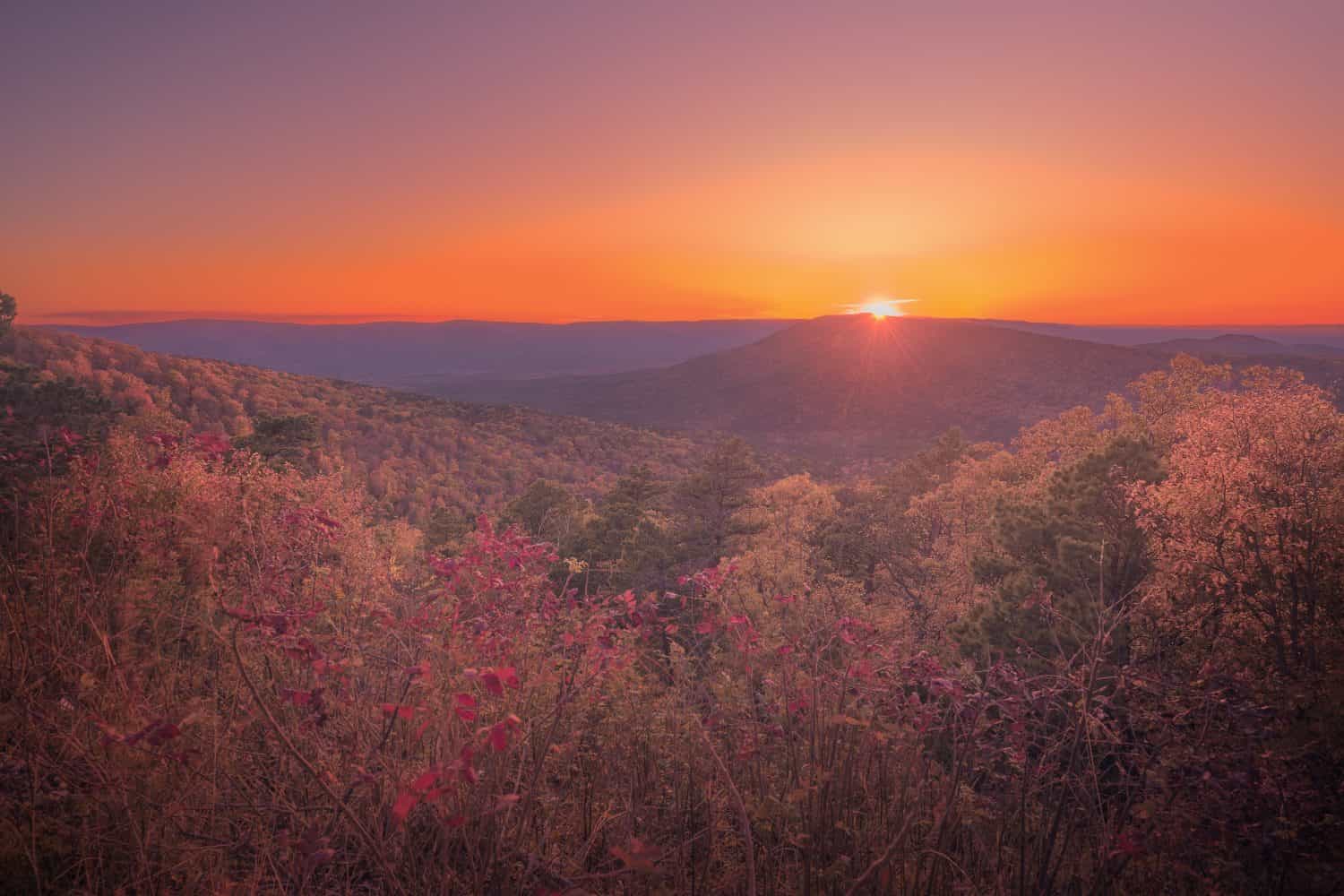 Autumn sunset with fall foliage in the Ozark mountains of Oklahoma and Arkansas