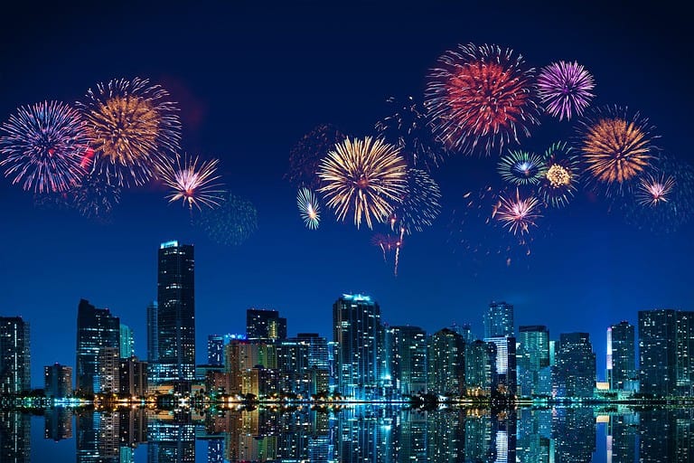 Big fireworks over the skyline of downtown Miami