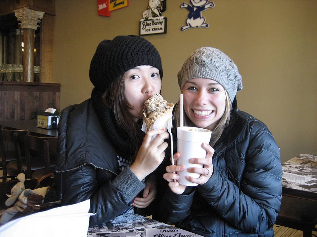 Two girls eating Blue Bunny Ice Cream in Iowa