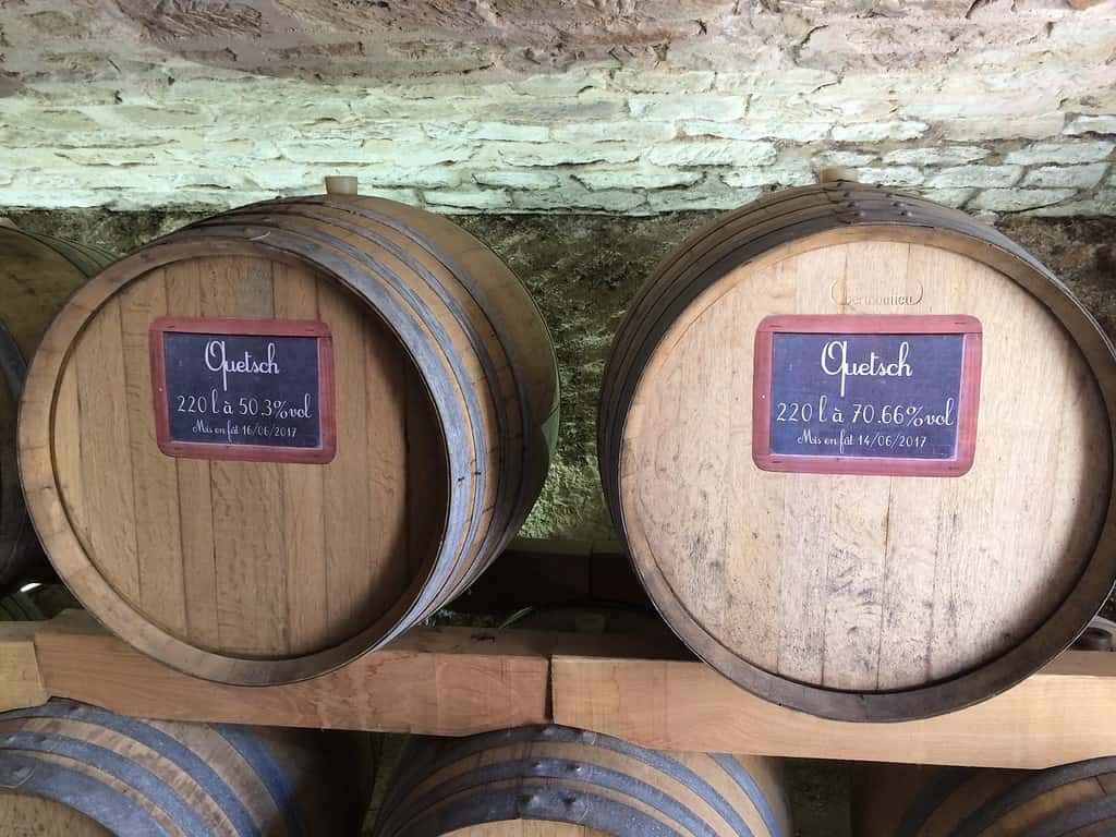 Barrels of quetsch, a brandy made with quetsch plums, typically made in Alsace, France.