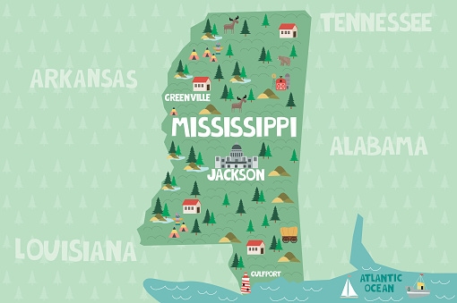 Illustrated map of the state of Mississippi in United States