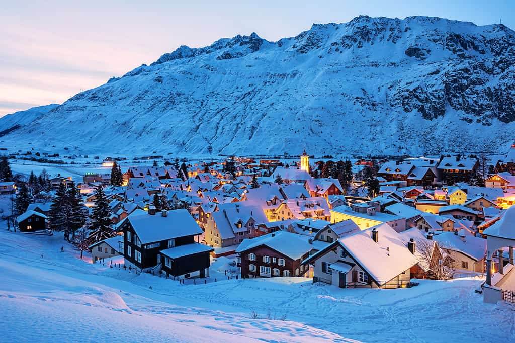 Andermatt village in swiss Alps mountains, Switzerland in winter