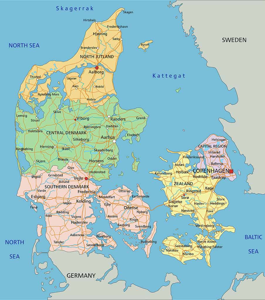 Denmark - Highly detailed editable political map with labeling.