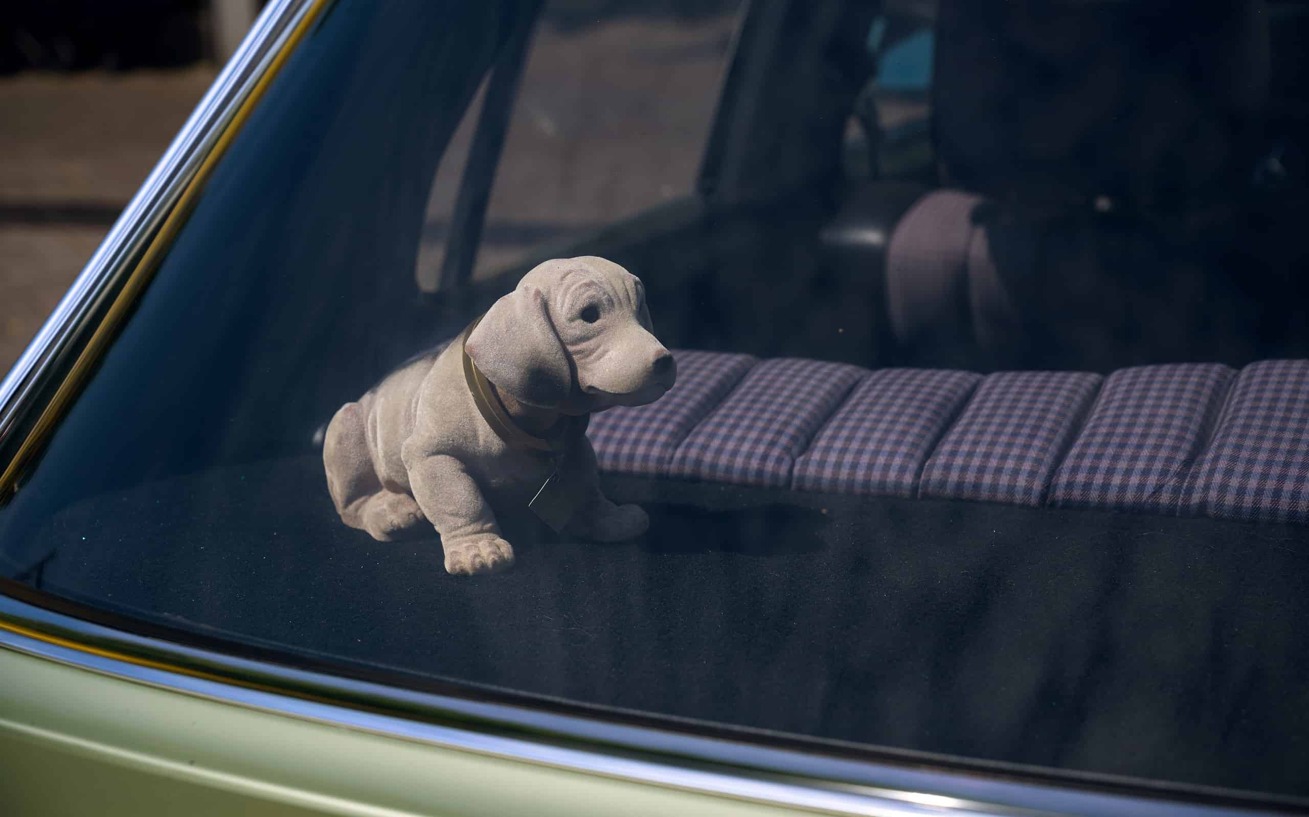 bobblehead dachshund, in german wackeldackel, on the parcel shelf in the car, a popular accessory in the 1970s, copy space, selected focus,