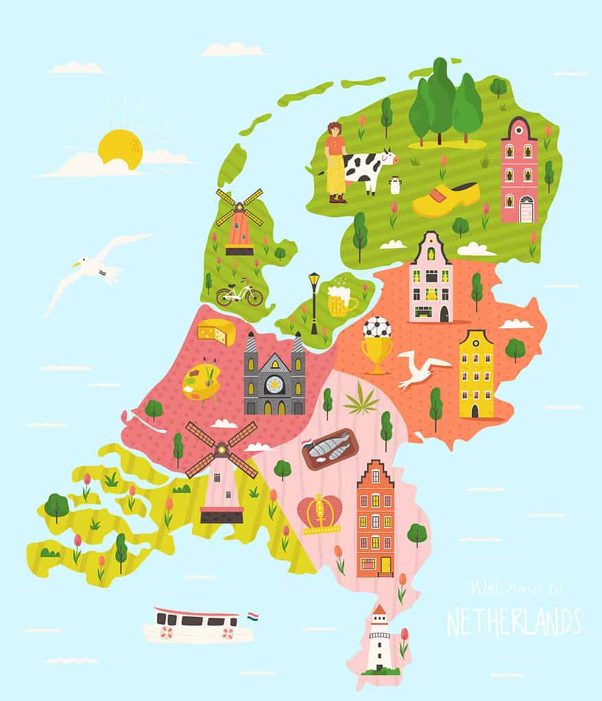 Illustrated map of Netherlands with famous symbols