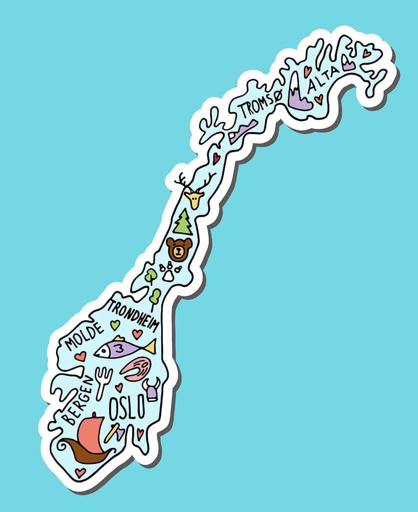 Colored sticker of hand drawn doodle Norway map. Norwegian city names lettering and cartoon landmarks, tourist attractions cliparts. travel, trip comic infographic poster.