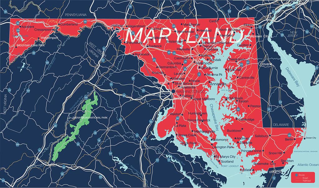 Maryland state detailed editable map