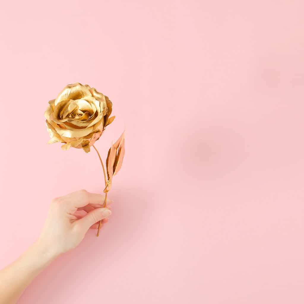 Woman's hand holding golden rose on pastel pink background. Top view concept with negative space.