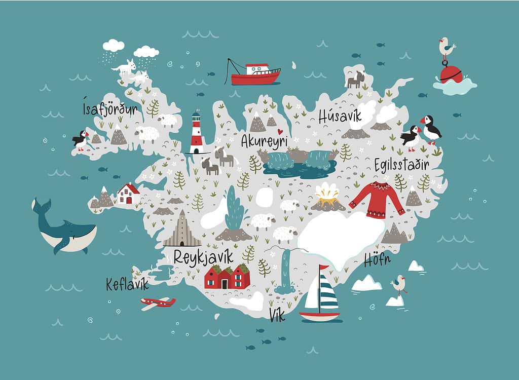 Lovely hand drawn Iceland design, doodle animals, houses, mountains - great for banners, wallpapers, prints, cards - vector design