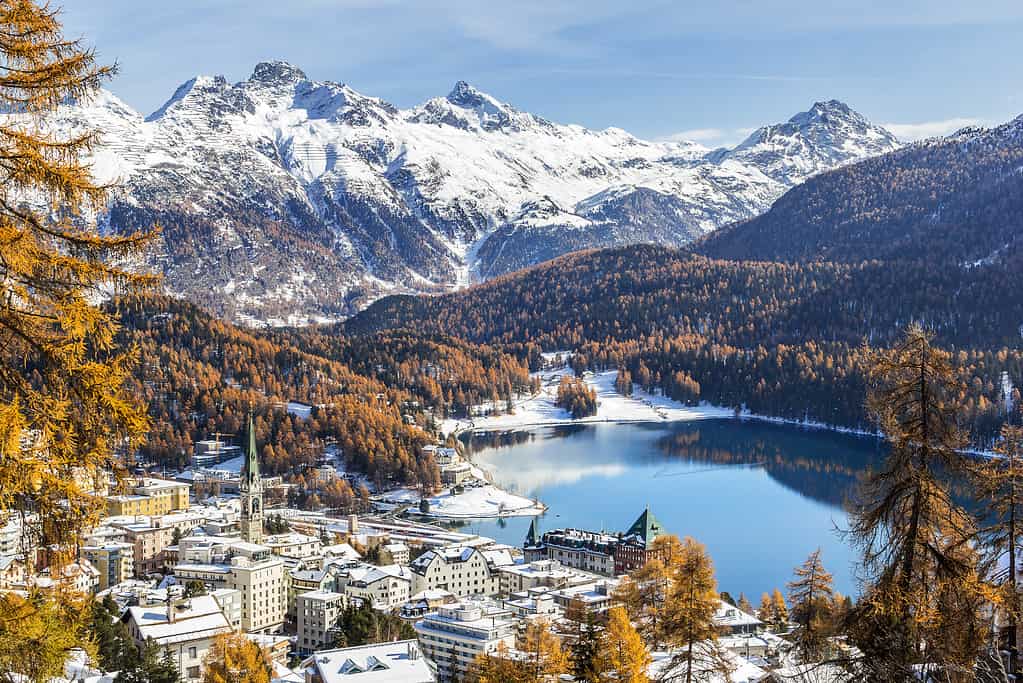 View of St. Moritz,  from the high hill with the first new snow