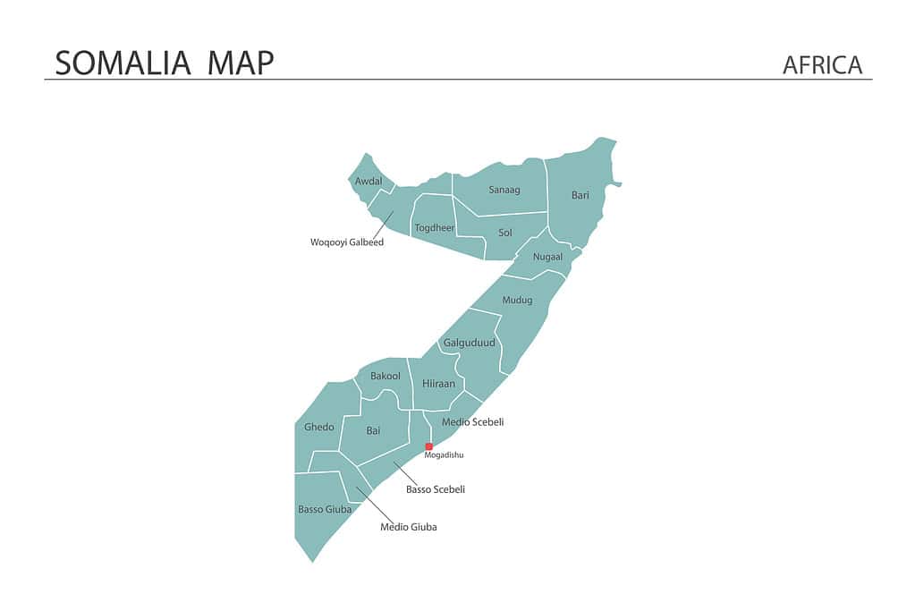Somalia map vector illustration on white background. Map have all province and mark the capital city of Somalia.
