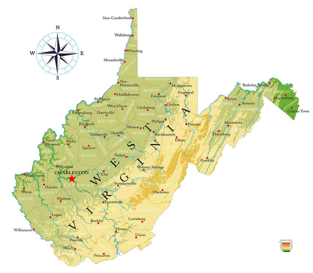 West Virginia highly detailed physical map
