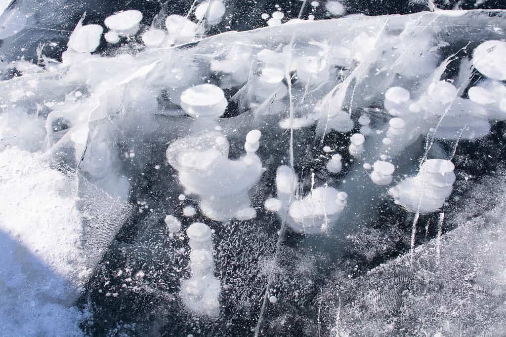 texture ice bubbles air baikal gas hydrogen sulfide nature. Winter background