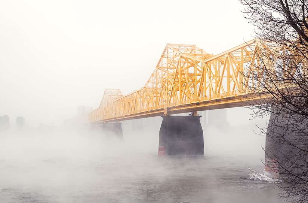 George Rogers Clark Memorial Bridge over River Ohio covered in the fog