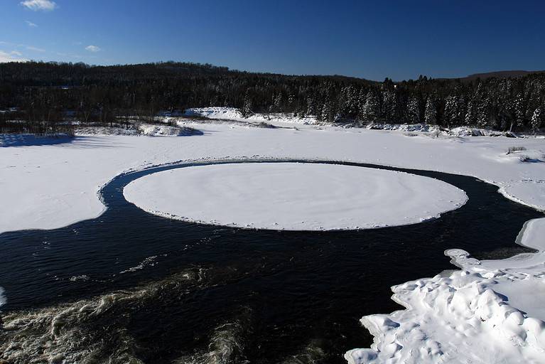 Spinning Ice Circles on River in Winter