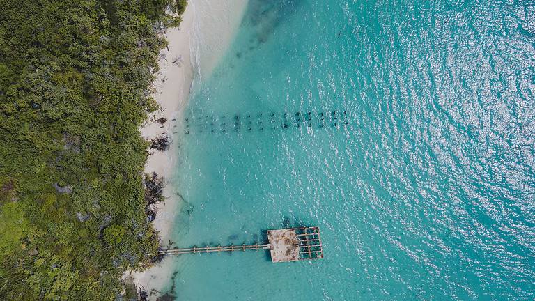 Aerial drone view of a beach in isolated Cayo Icacos Puerto Rico island