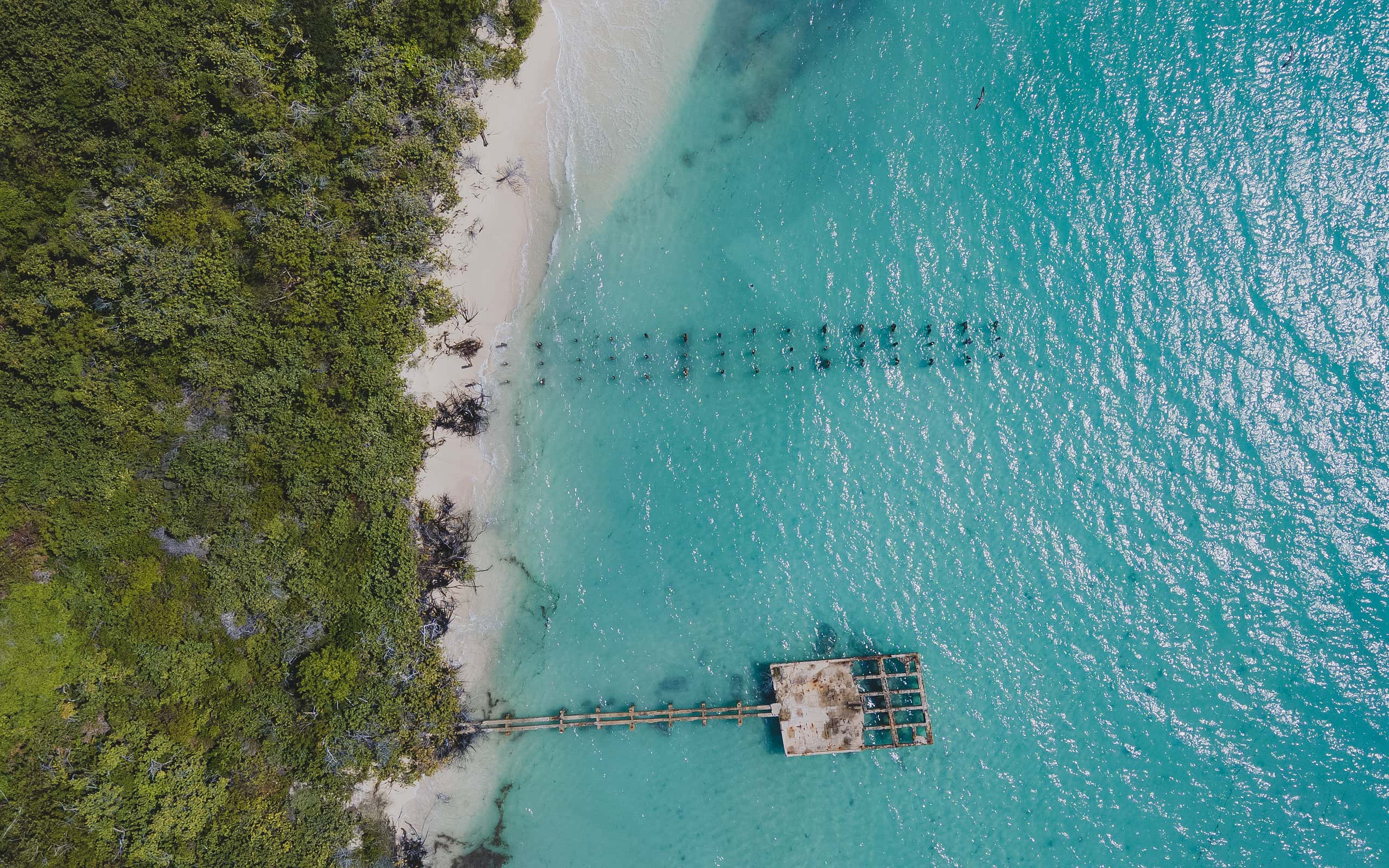 Aerial drone view of a beach in isolated Cayo Icacos Puerto Rico island