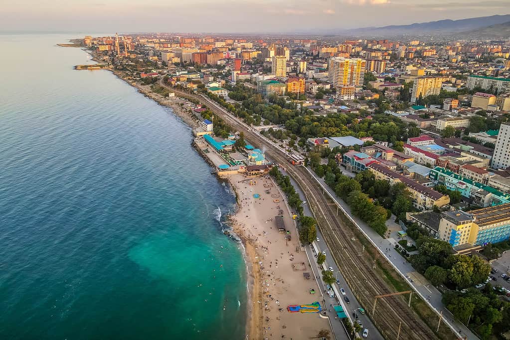 The aerial drone picture of Caspian sea beach in the city of Makhachkala, Dagestan, Russia.