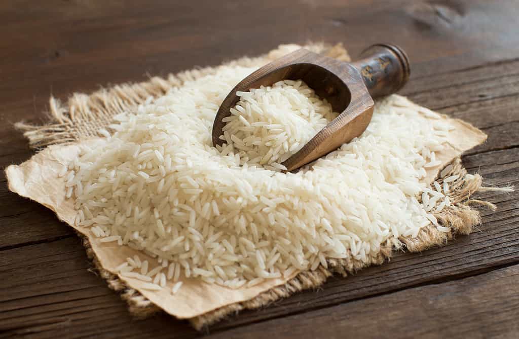 Pile of raw Basmati rice with a spoon