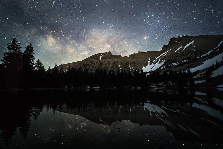 Milky Way reflected in mountain lake
