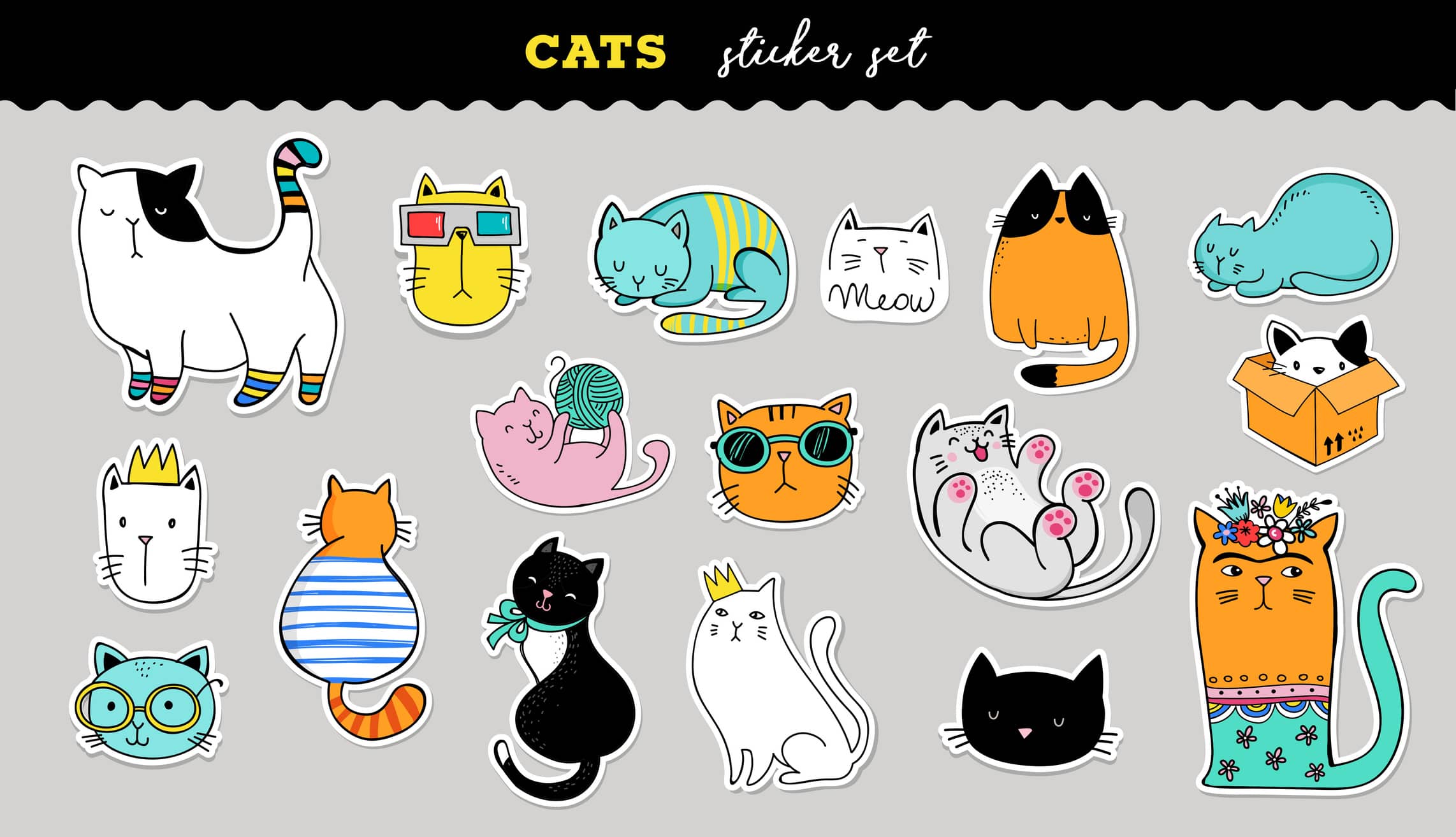 Cats cute sticker collection. Vector hand drawn illustrations