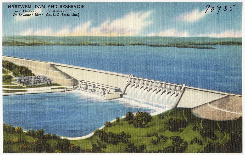 Postcard from an unknown date of the Hartwell Dam and Reservoir