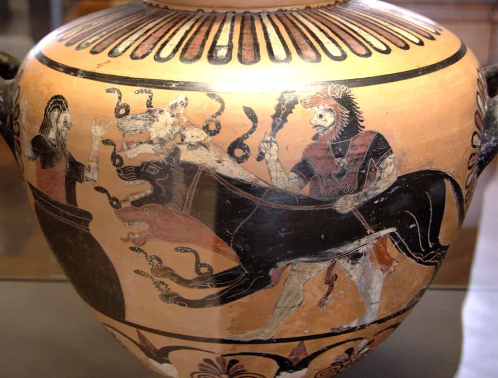 Side A: Herakles, Cerberus and Eurystheus. Side B: two eagles flying and a hare.