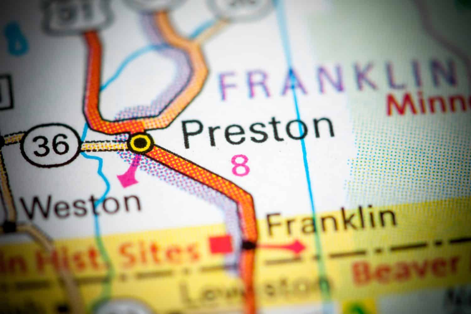 Preston. Idaho. USA on a map.