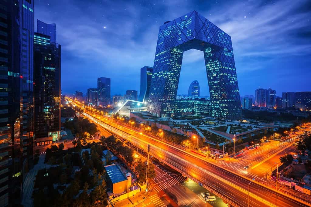 Night cityscape with bilding and road in Beijing city, China