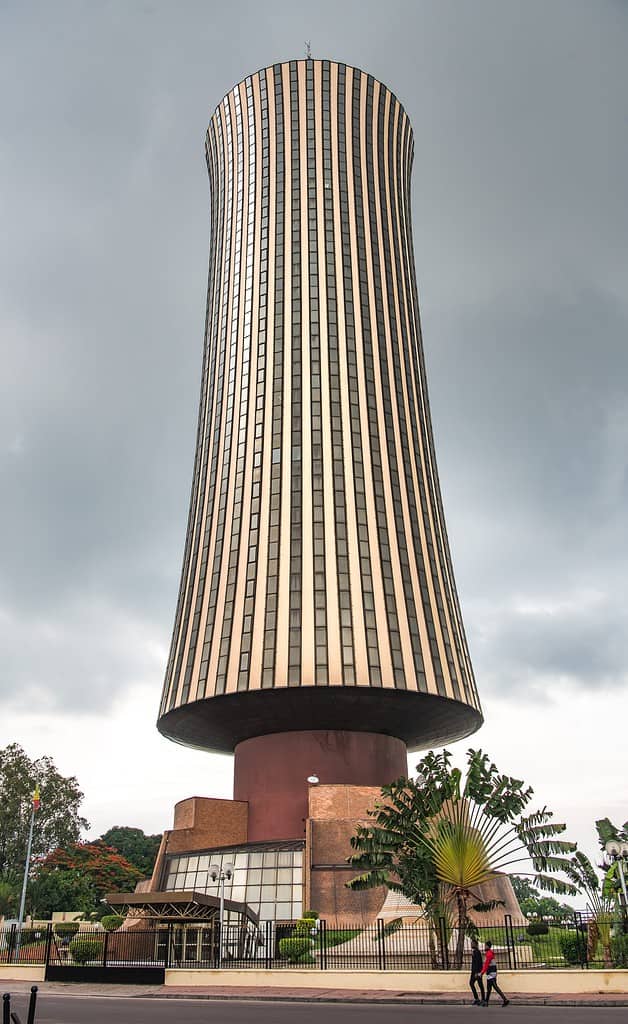 Nabemba Tower in Brazzaville downtown city center, Congo republic. WEst african architecture building.