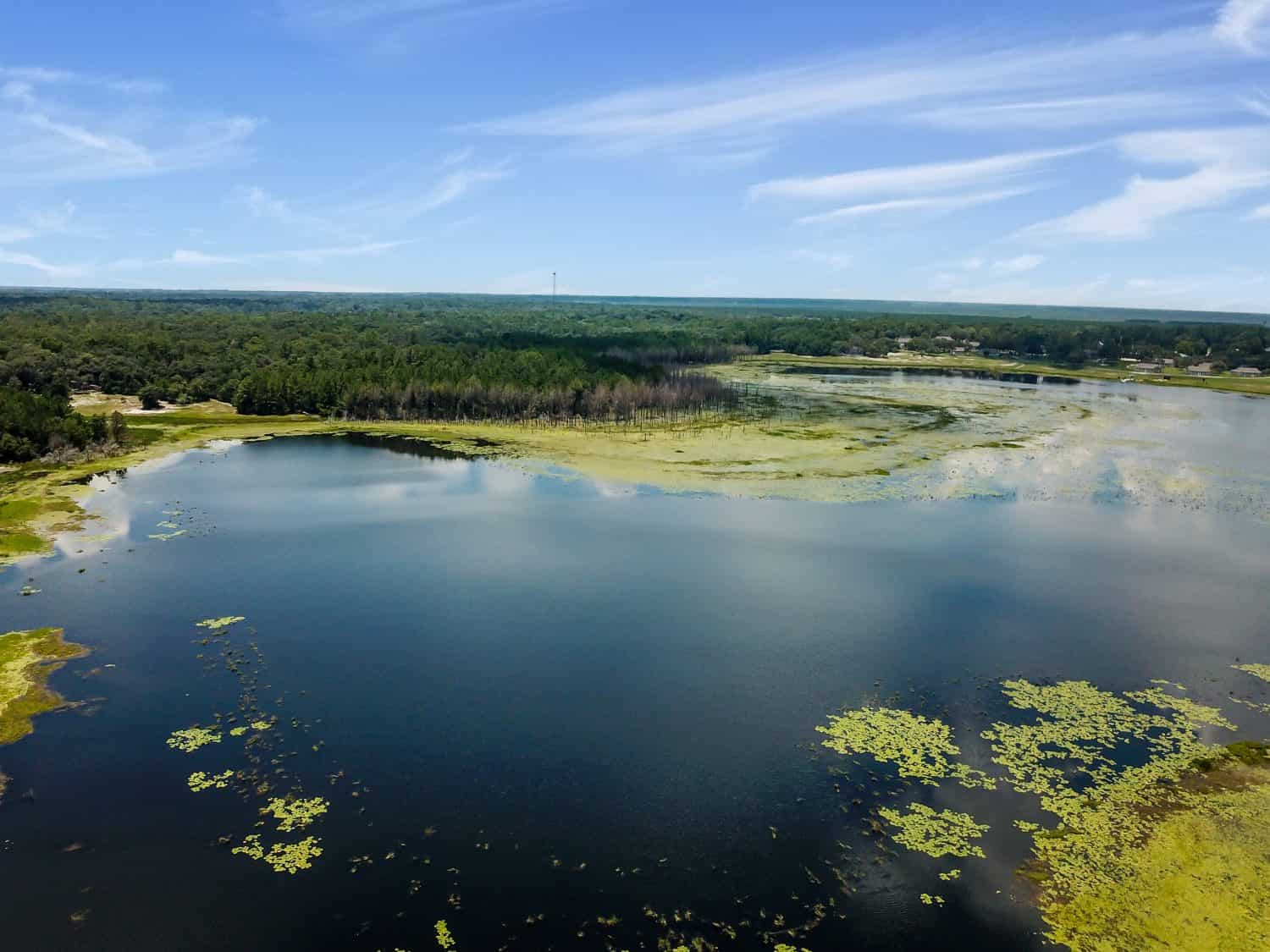 Aerial. Lake in Keystone Heights Florida Flying a drone over the lake. Keystone Heights Florida.  