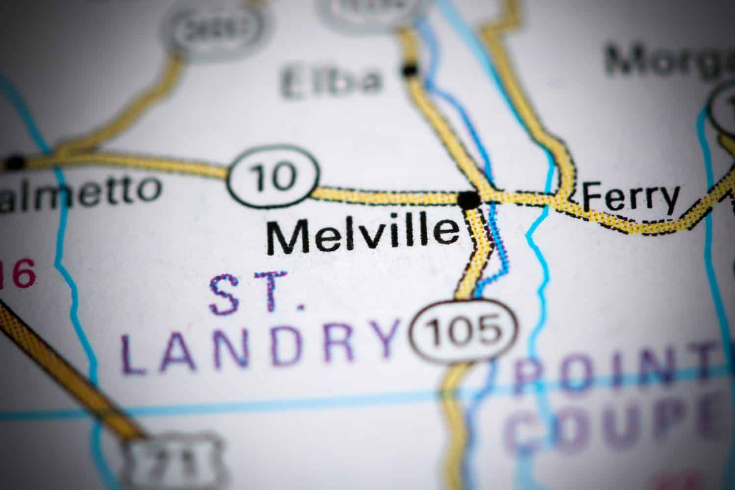 Melville. Louisiana. USA on a map