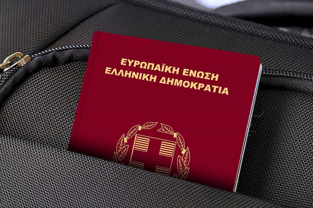 Close up of Greek Passport in Black Suitcase Pocket
