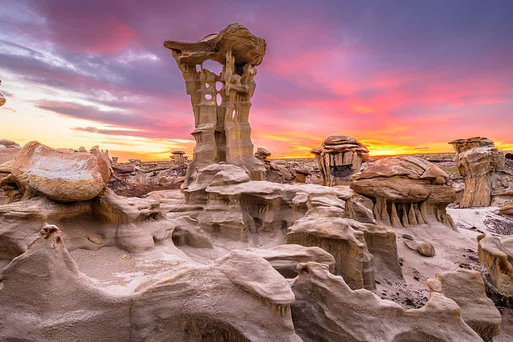 Bisti/De-Na-Zin Wilderness, New Mexico, USA at Alien Throne after sunset.