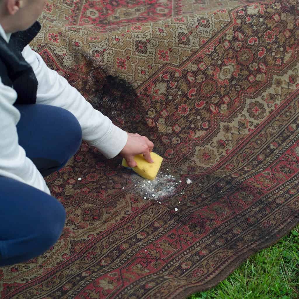 Woman removing mold from a carpet with sponge and baking soda, outdoor shot