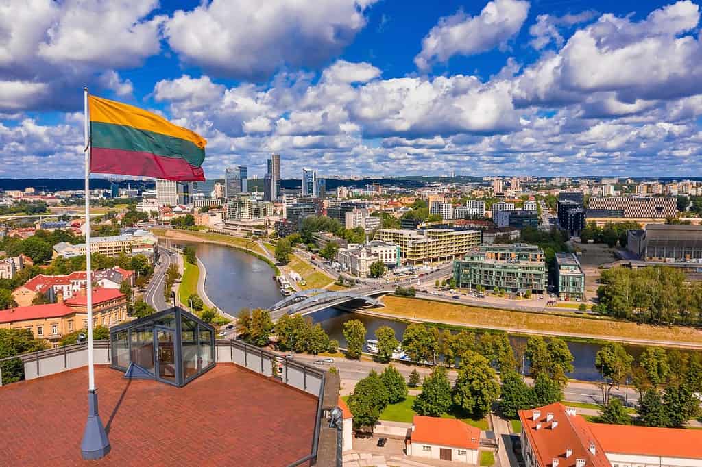 Flag of Lithuania over old town of Vilnius.