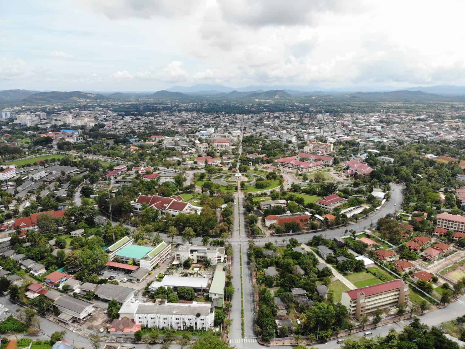 Aerial view of roundabouts, cityscape showing traffic planning, urban planning. Yala Skyline. Thailand