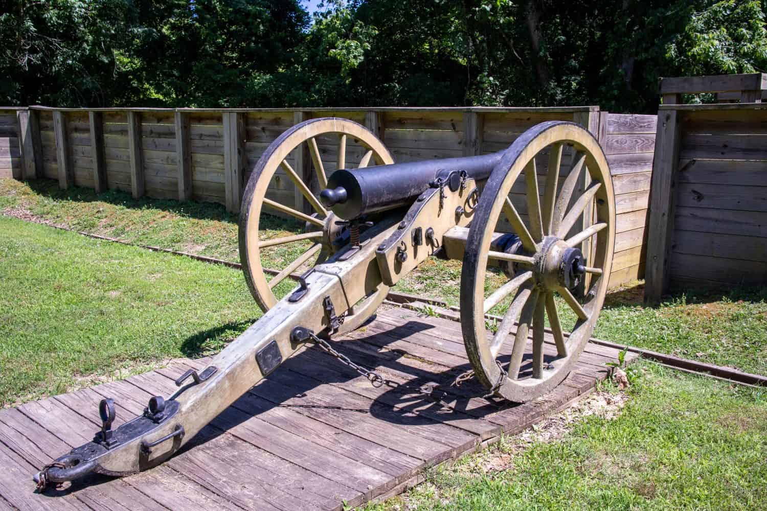A civil war era cannon on display behind the barricade in Fort Pillow State Historic Park.
