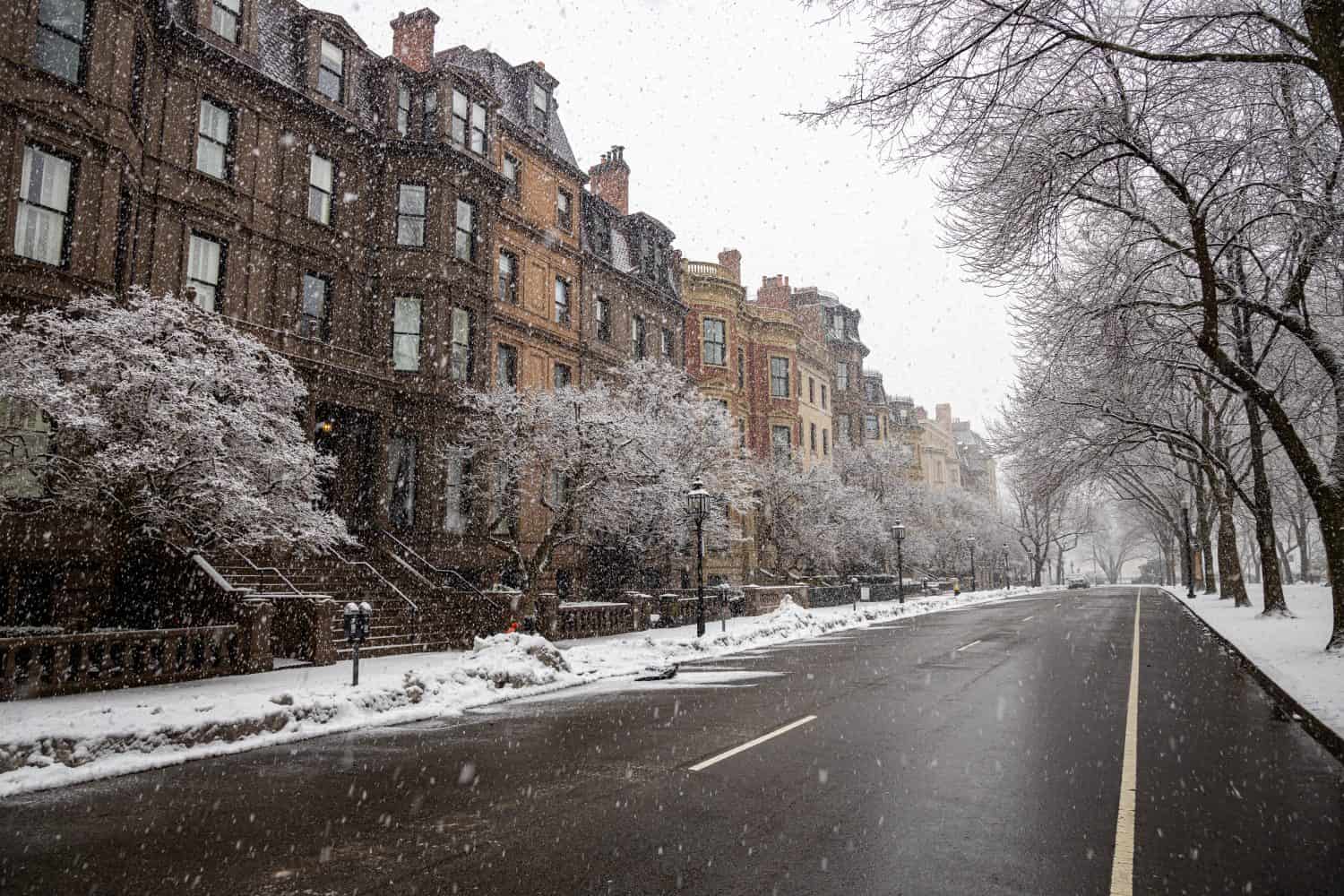 Empty street in Boston Back Bay during a snow Storm