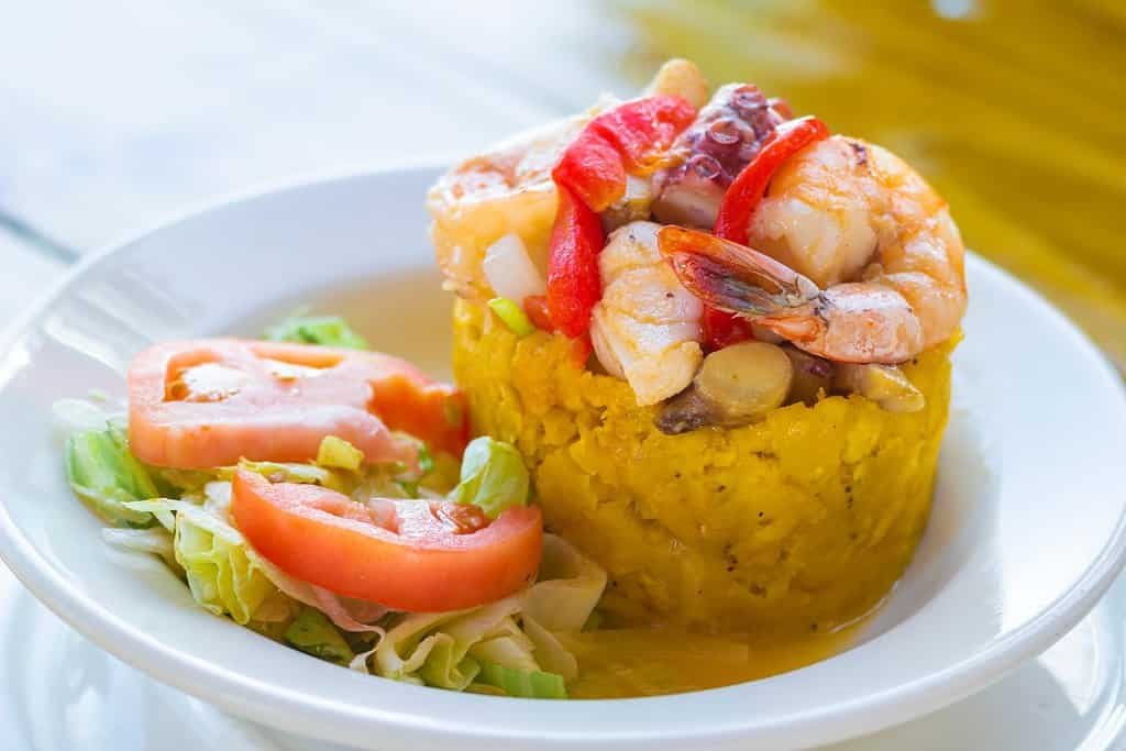 Mofongo with Shrimp and Octopus Puerto Rico traditional seafood plate