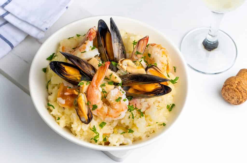 Mediterranean risotto with shrimps, mussels, octopus and clams. Seafood risotto