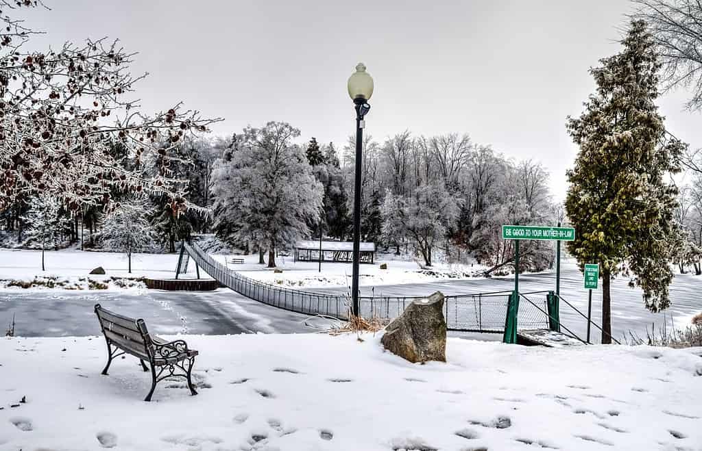 Winter Wonderland. City park transformed into a winter wonderland by new fallen snow. Croswell, Michigan.