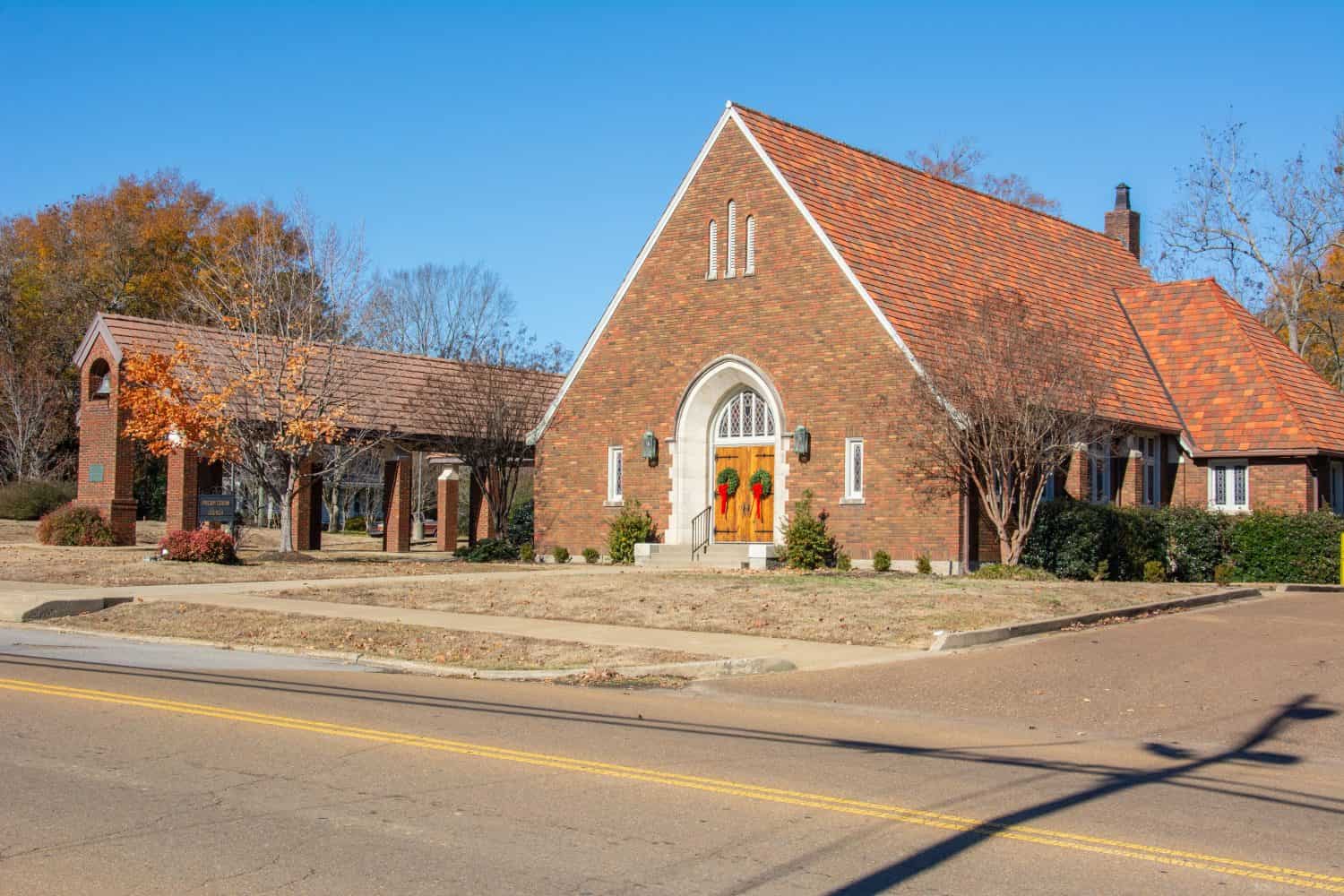 19th century Presbyterian Church, housed in the unique Tudor structure on Main Street in Senatobia, Tate County, Mississippi, USA