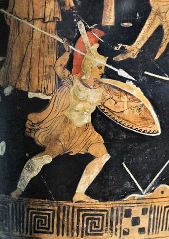 Ancient Greek polychromatic pottery painting of Achilles during the Trojan War, Rijksmuseum voor Oudheden